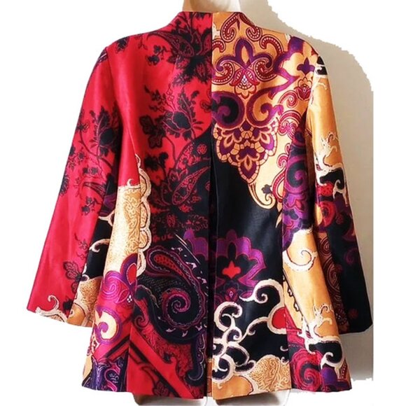 Chico's Open Front Shantung Jacket Size 1 M Red Gold Paisley Brushed Satin - Picture 2 of 7